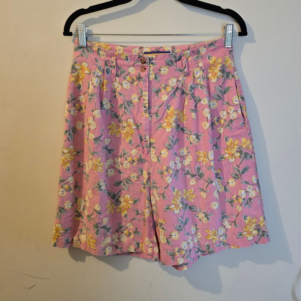 Bryn Connelly Vintage Pink Floral Linen Cotton High Waisted Shorts Womens 10